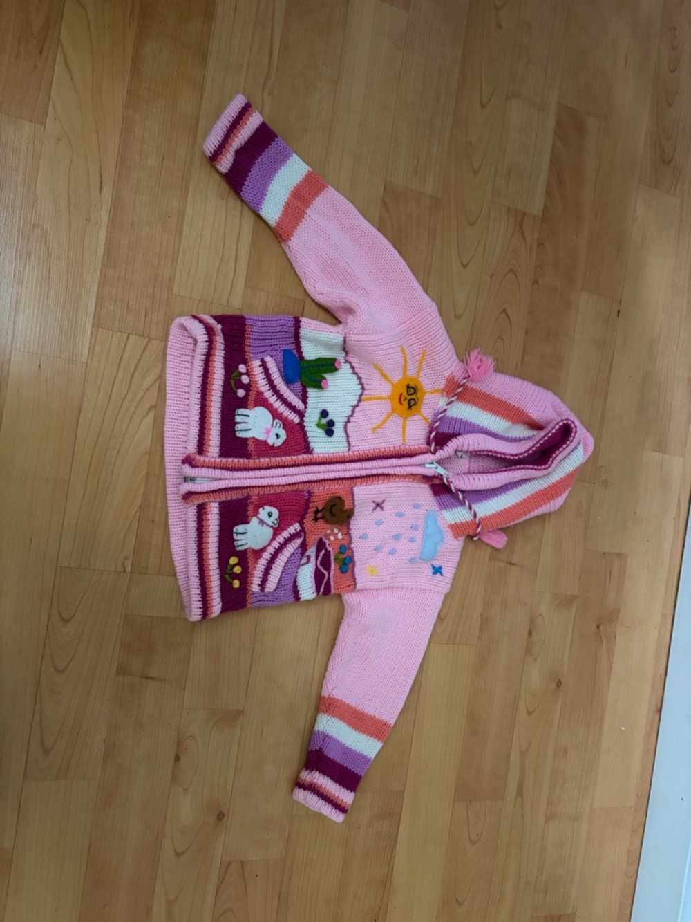 Kids Pink Hooded Knit Zip-Up Sweater with Animal & Sunshine Motifs